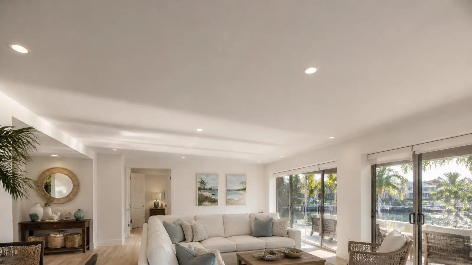 Living room in West Palm Beach after popcorn ceiling removal and smooth skim coating